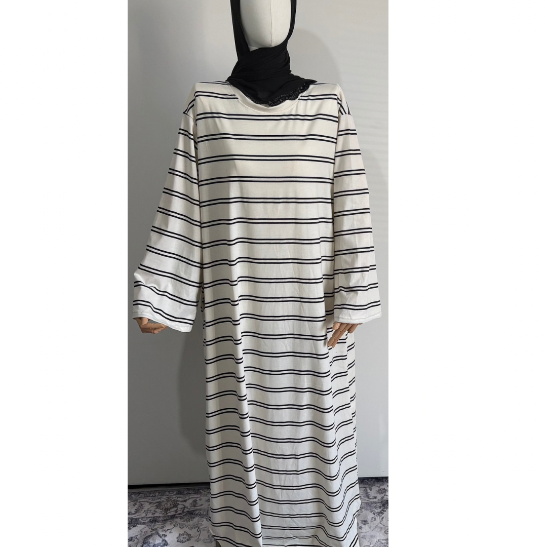 Striped Abaya Dress 95% Cotton Comfortable & Stylish Design for Everyday Wear with Pockets One Size Fits UK 8-18
