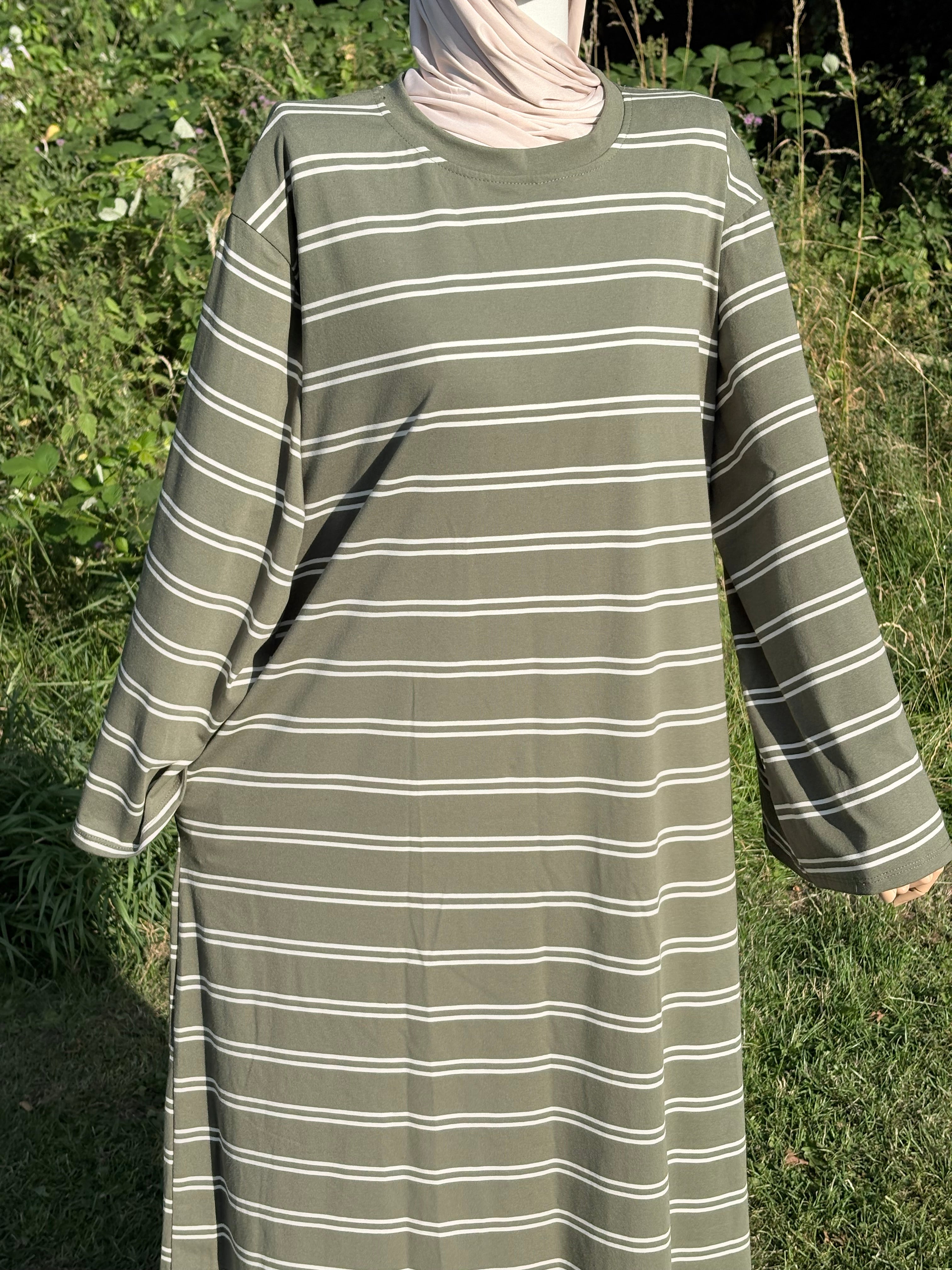 Striped Abaya Dress 95% Cotton Comfortable & Stylish Design for Everyday Wear with Pockets One Size Fits UK 8-18