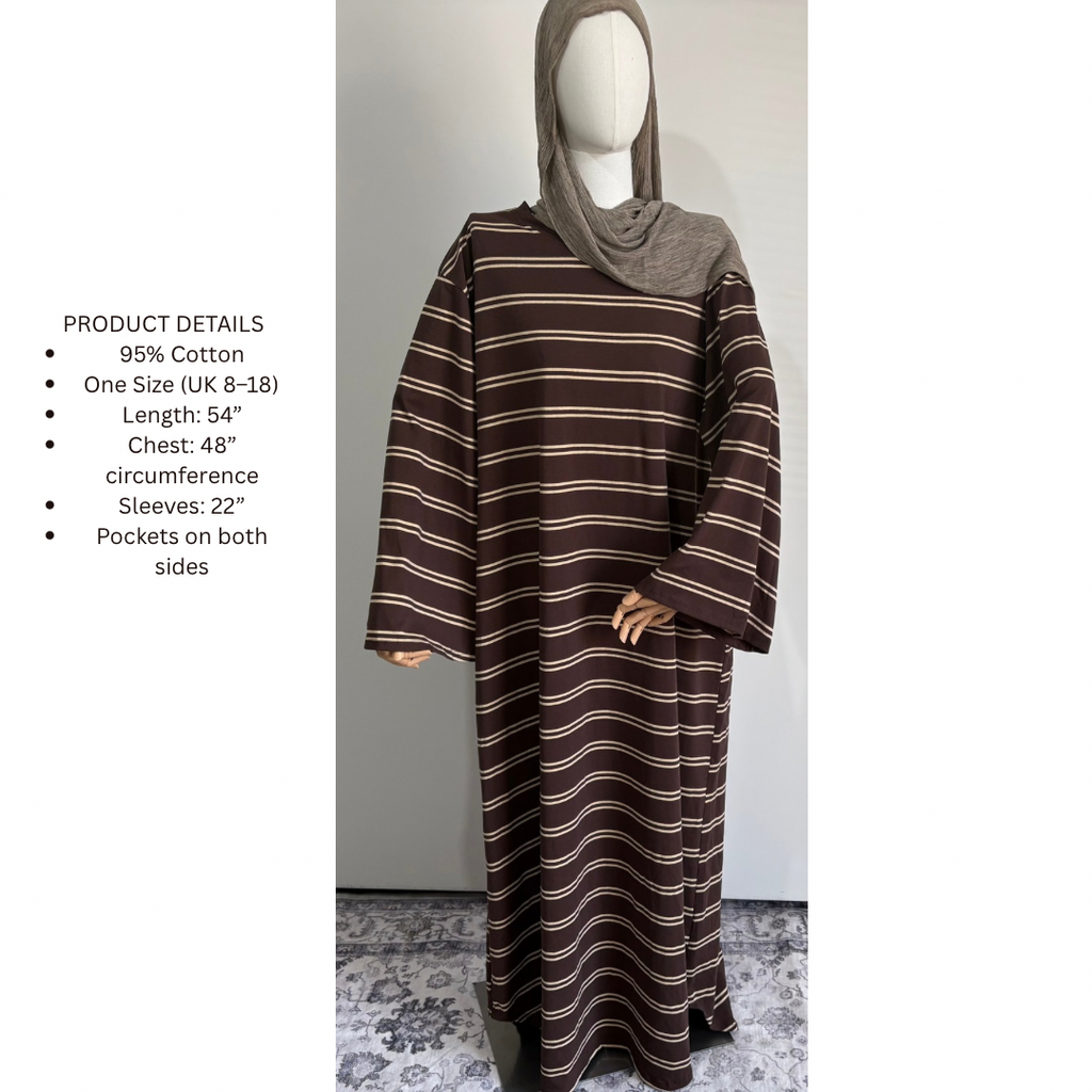 Striped Abaya Dress 95% Cotton Comfortable & Stylish Design for Everyday Wear with Pockets One Size Fits UK 8-18