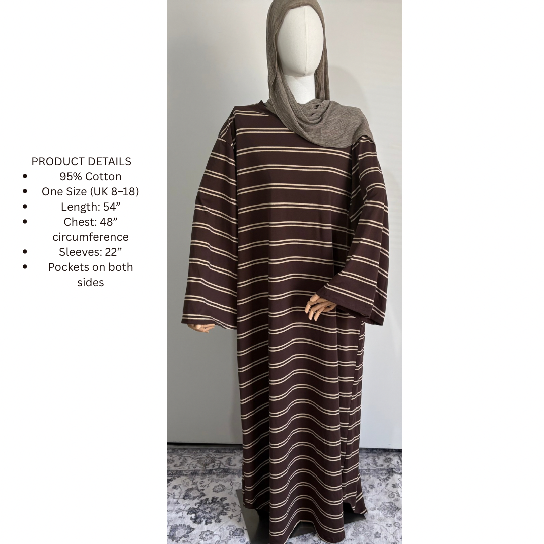 Striped Abaya Dress 95% Cotton Comfortable & Stylish Design for Everyday Wear with Pockets One Size Fits UK 8-18