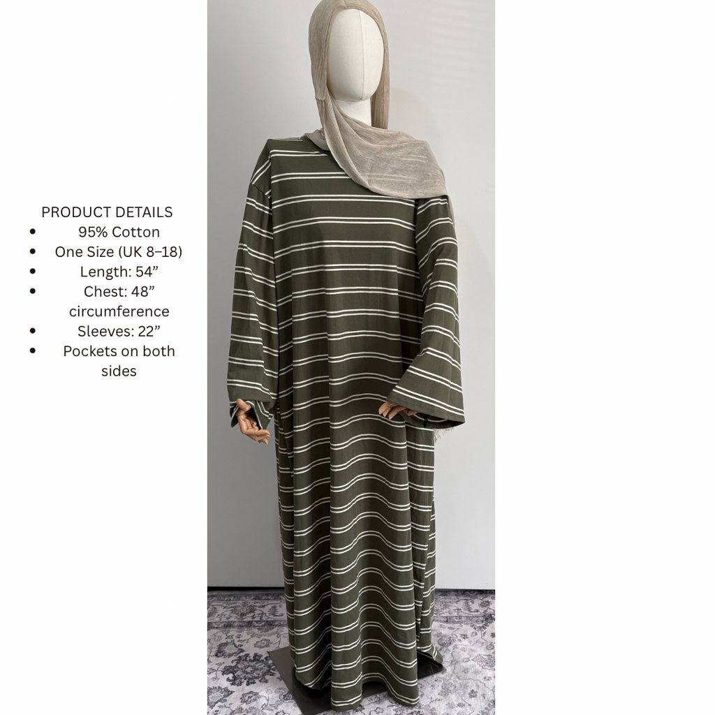 Striped Abaya Dress 95% Cotton Comfortable & Stylish Design for Everyday Wear with Pockets One Size Fits UK 8-18
