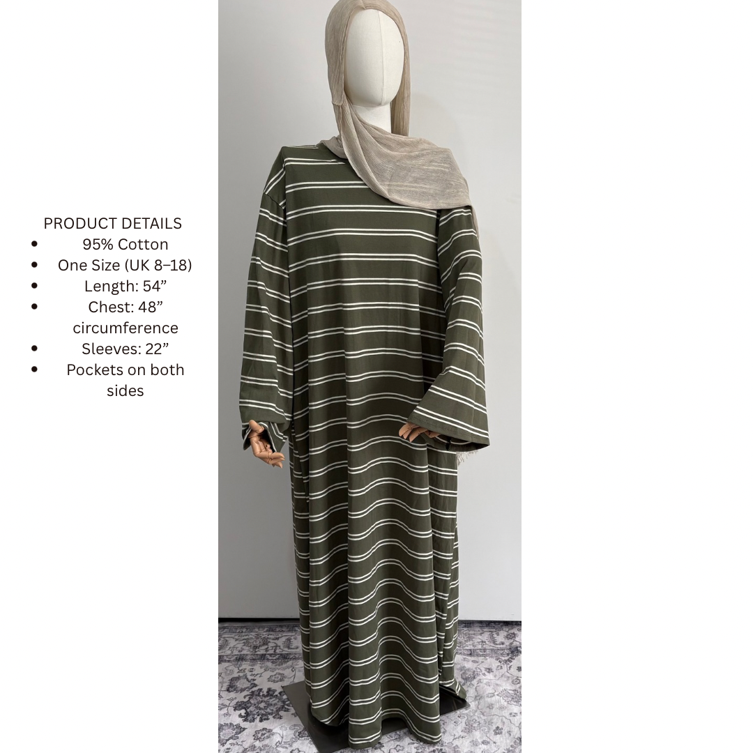Striped Abaya Dress 95% Cotton Comfortable & Stylish Design for Everyday Wear with Pockets One Size Fits UK 8-18