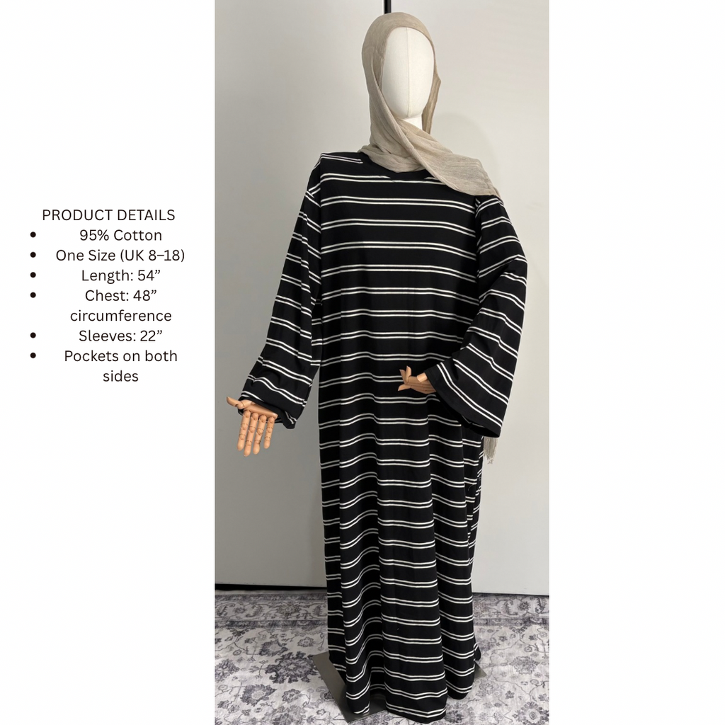 Striped Abaya Dress 95% Cotton Comfortable & Stylish Design for Everyday Wear with Pockets One Size Fits UK 8-18