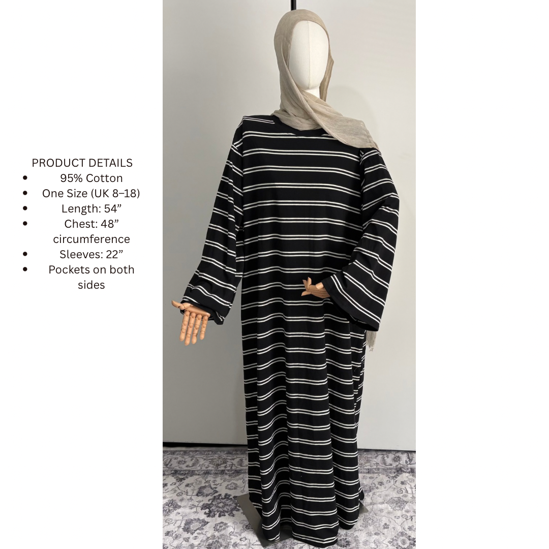 Striped Abaya Dress 95% Cotton Comfortable & Stylish Design for Everyday Wear with Pockets One Size Fits UK 8-18